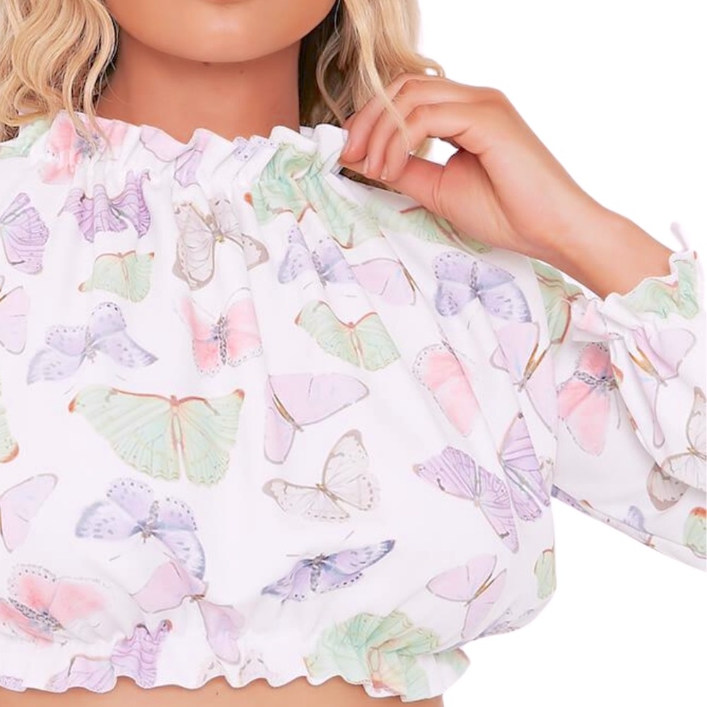 WHITE BUTTERFLY PRINT LONG SLEEVE CROP TOP - Picture 2 of 7